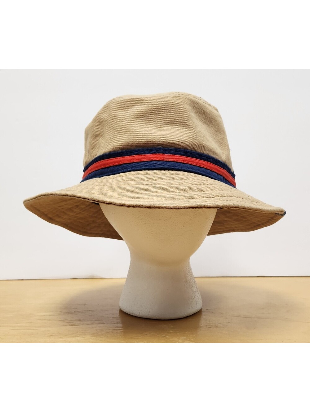 Vintage Sperry Top-Sider Khaki Cotton Bucket Hat Nautical Striped Band OSFM